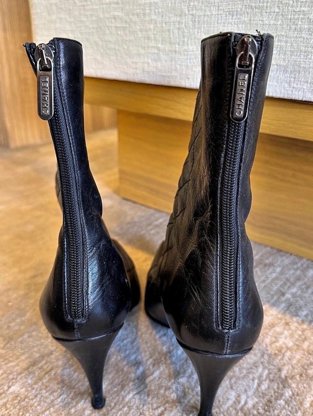 Chanel Black Quilted Leather Pointed-Toe Heeled Boots with Silver Chain Detail - Picture 5 of 16
